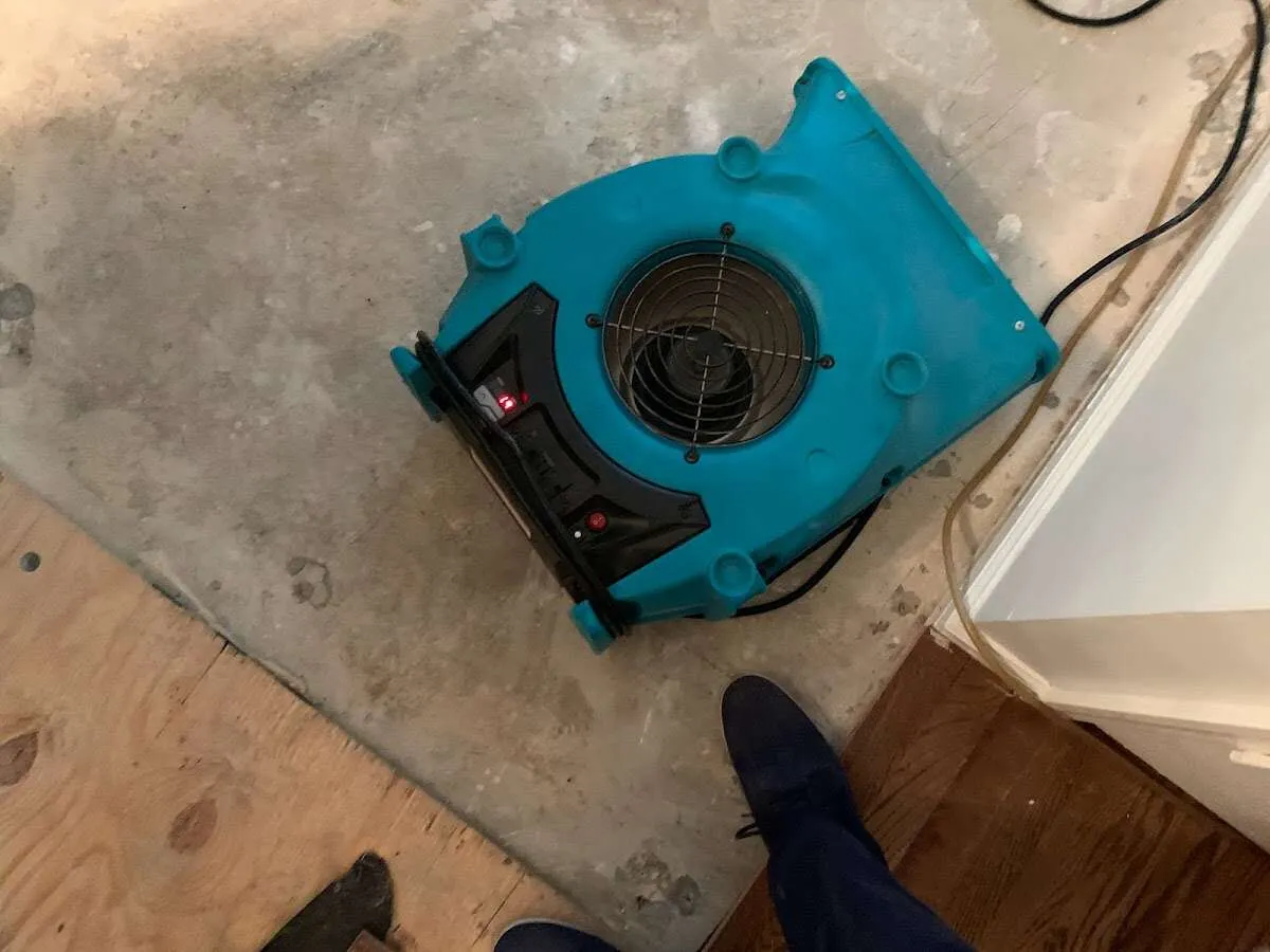 Air mover drying subfloor during Leak Detection & Repair in Plains